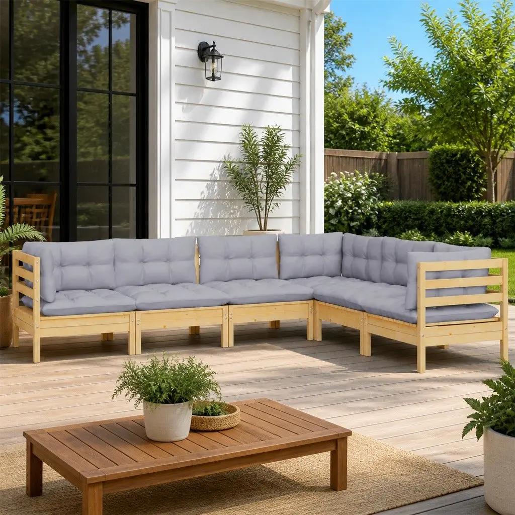 Garden Lounge Set Outdoor Patio Furniture 6 Piece Grey Cushions Pinewood