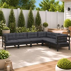 6 Piece Garden Lounge Set: Black Pinewood with Cushions Included