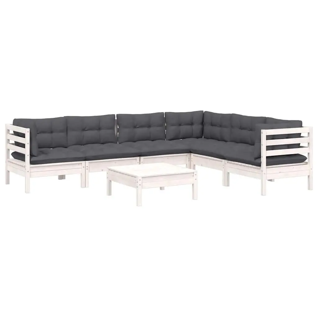 7 Piece Garden Lounge Set White Solid Pinewood Outdoor Patio Furniture with