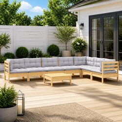 8 Piece Modular Patio Lounge Set: Solid Pinewood & Grey Cushions