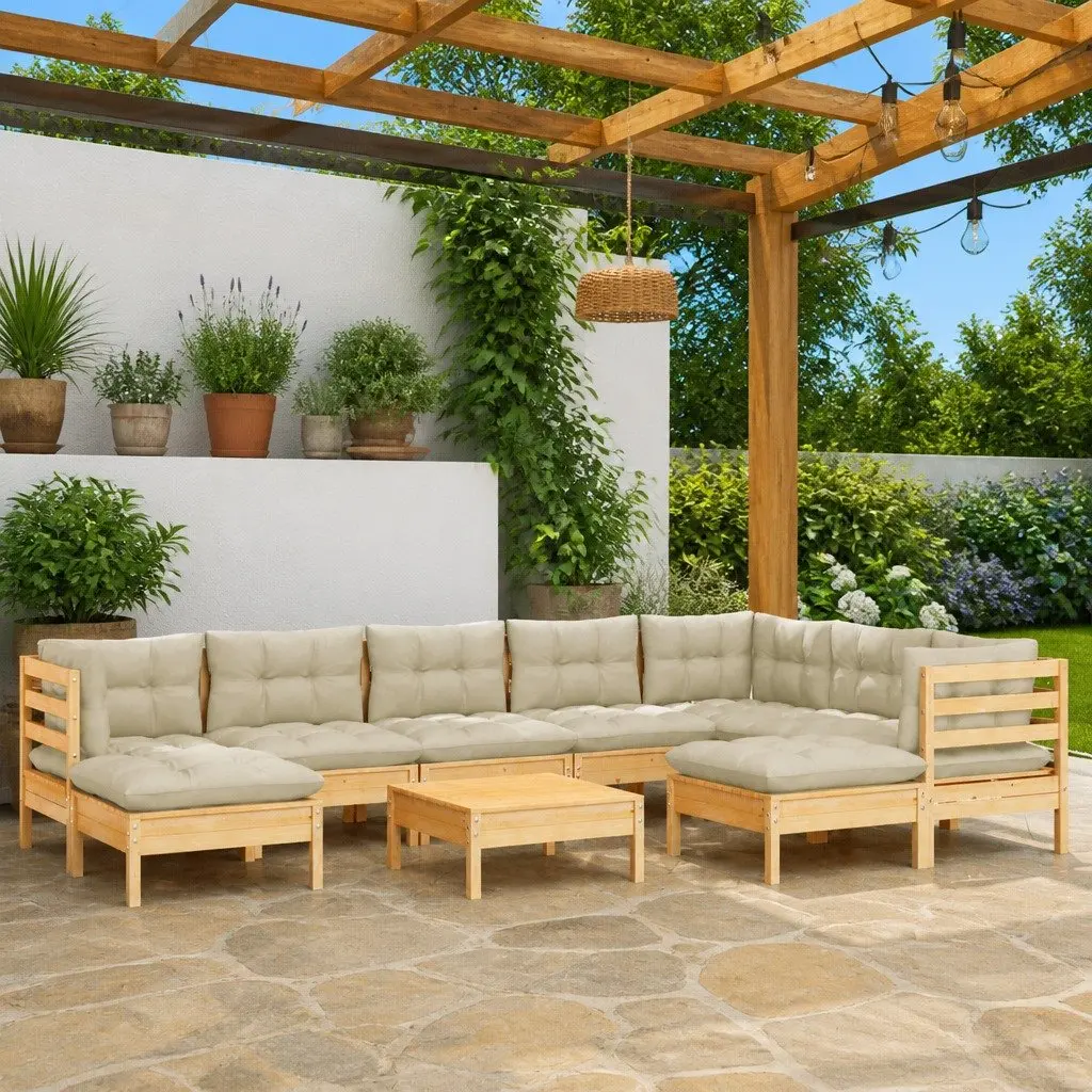 Garden Lounge Set Modular Outdoor Patio Furniture 10 Piece Cream Cushions Pinewood
