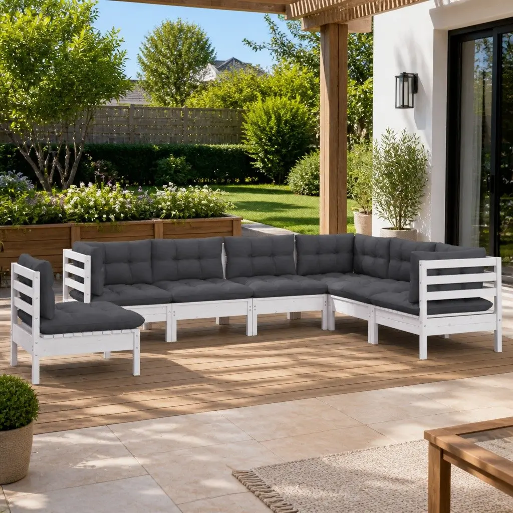 Garden Lounge Set 7 Piece White Outdoor Furniture with Cushions Modular Patio