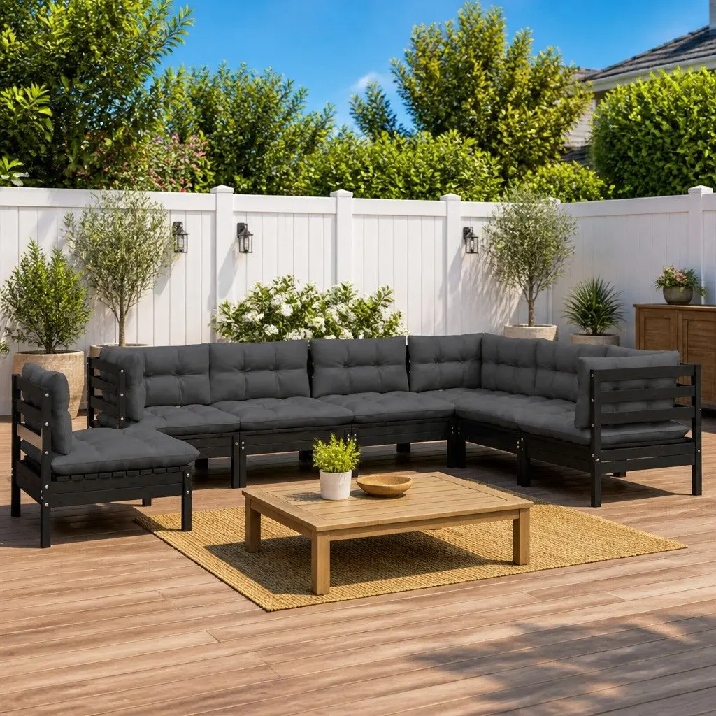 Solid Pinewood Garden Lounge Set with Cushions, Black Color