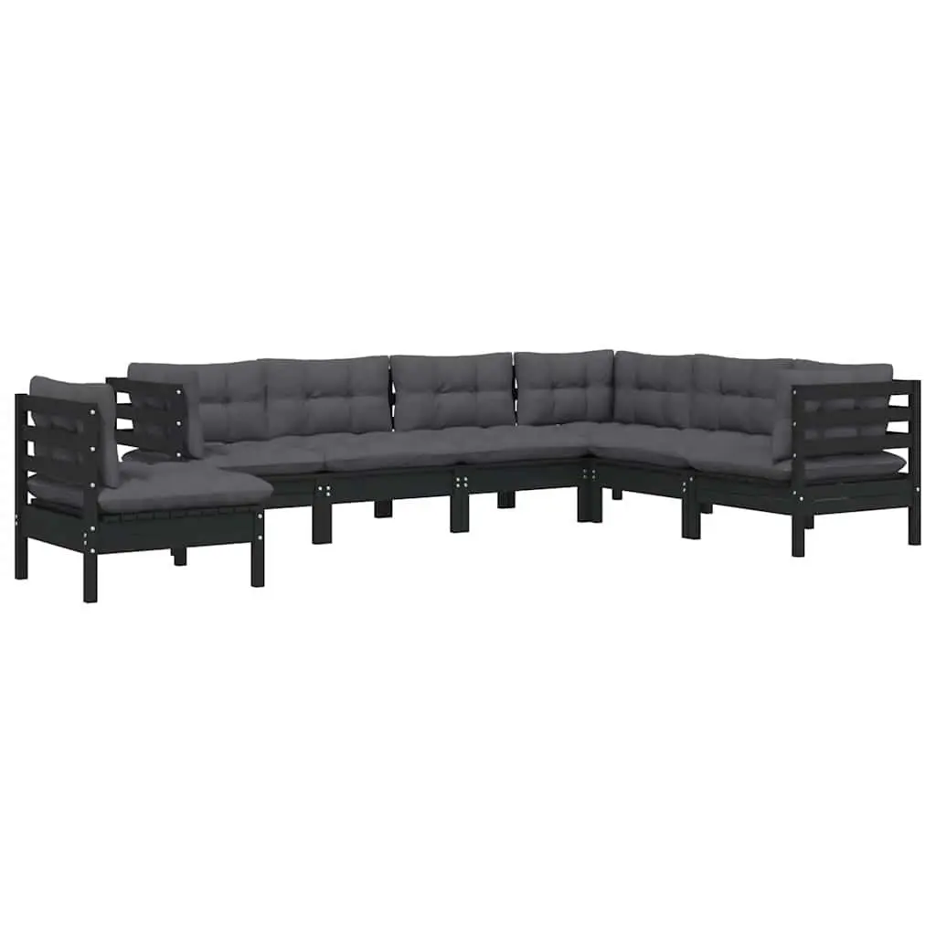 Solid Pinewood Garden Lounge Set with Cushions, Black Color