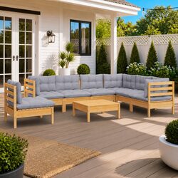 Garden Lounge Set 8 Piece Outdoor Patio Furniture with Grey Cushions Solid