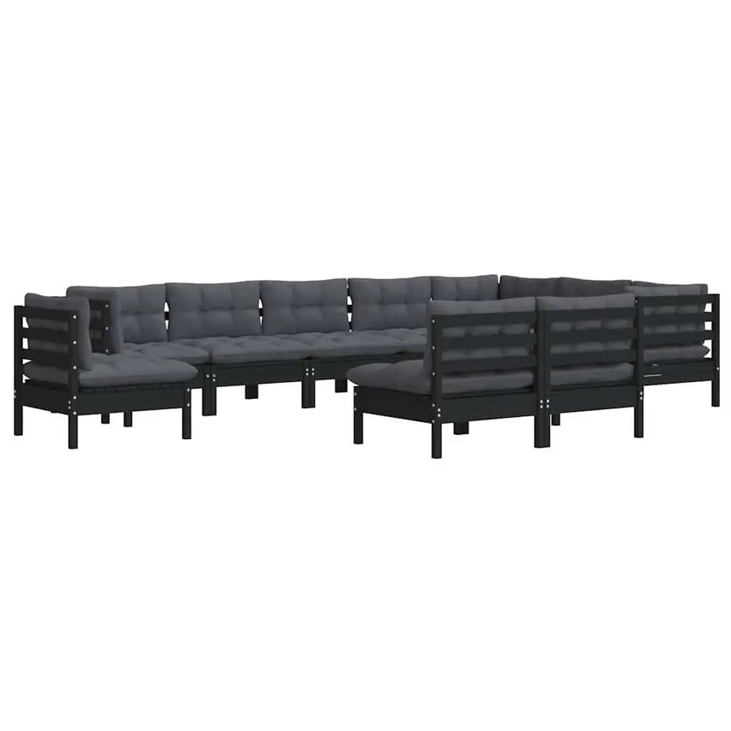 Outdoor Lounge Set 10 Piece Garden Furniture with Cushions Solid Pinewood Black