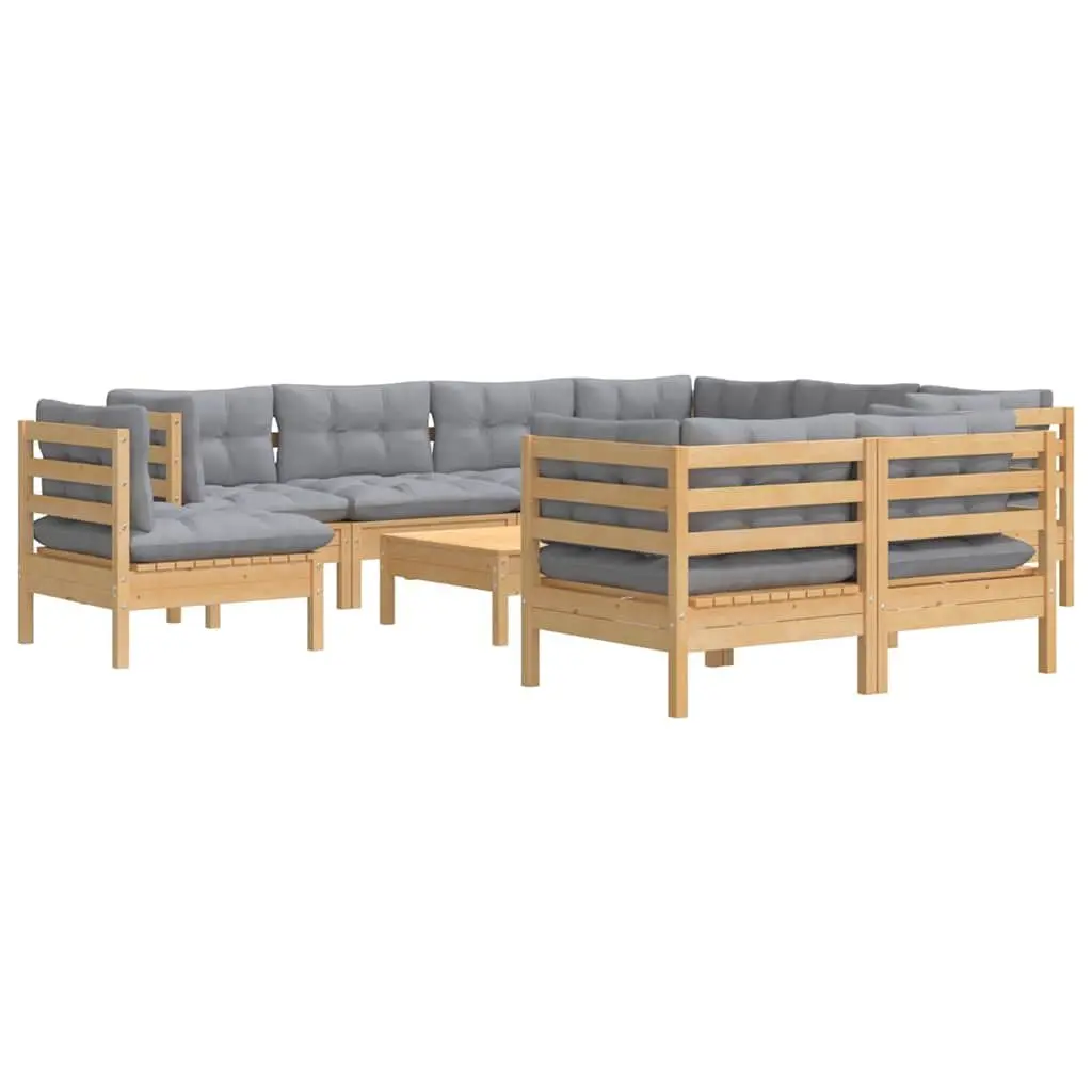 Garden Lounge Set Outdoor Patio Furniture 10 Piece Grey Cushions Solid Wood