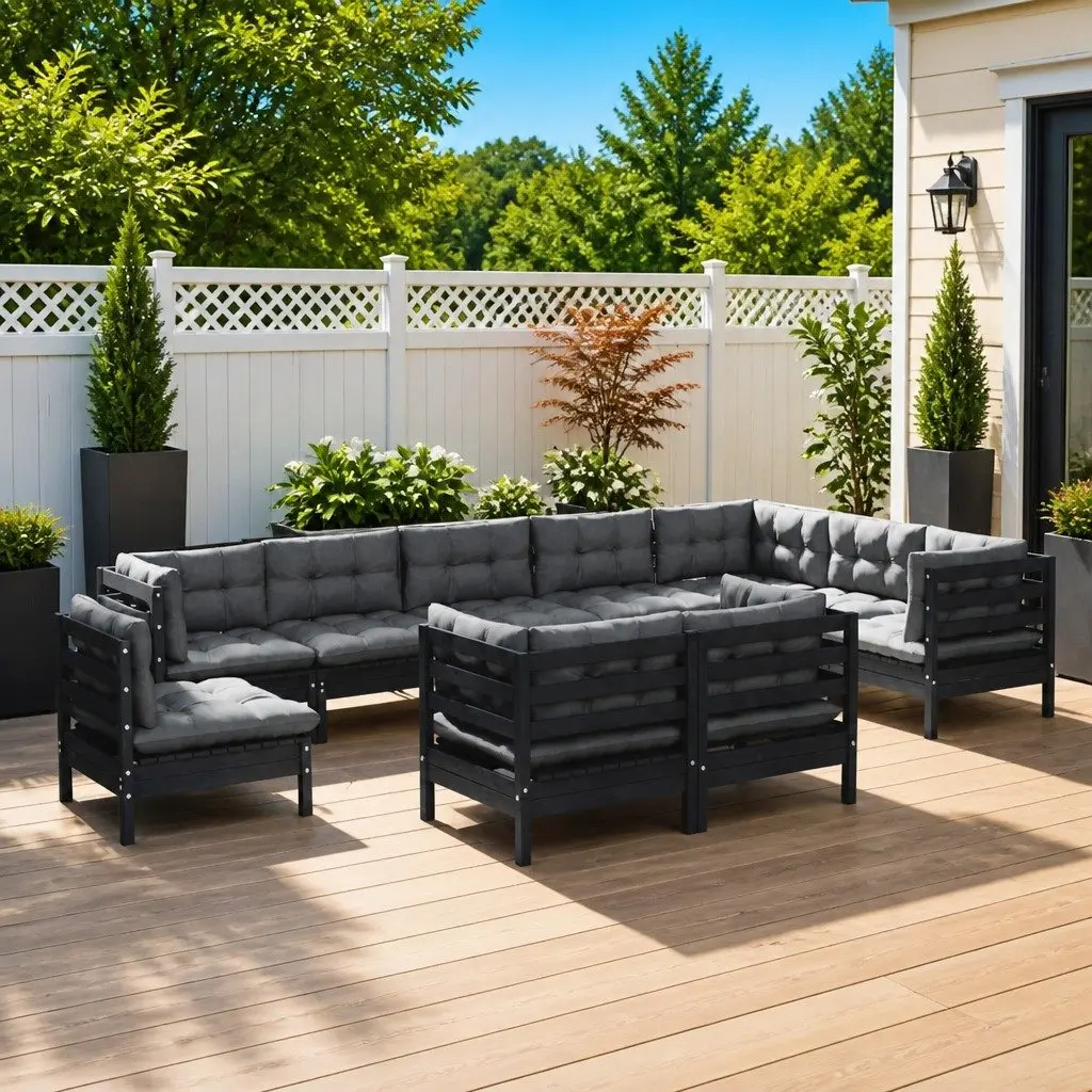 Garden Lounge Set Outdoor Patio Furniture 10 Piece Black with Cushions Modular