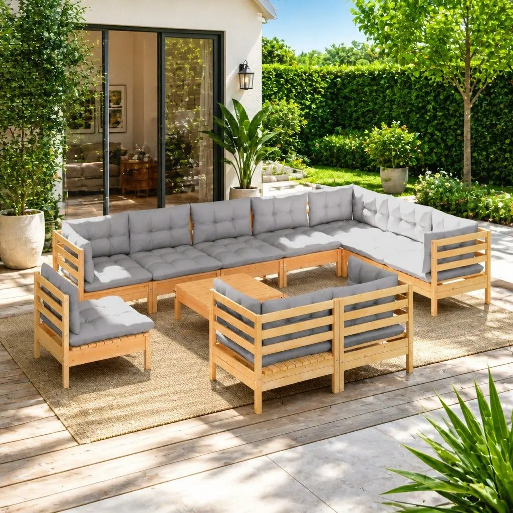 Garden Lounge Set 11 Piece Patio Furniture Outdoor Space Grey Cushions Solid Pinewood