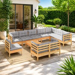 Garden Lounge Set 11 Piece Patio Furniture Grey Cushions Solid Pinewood Modular