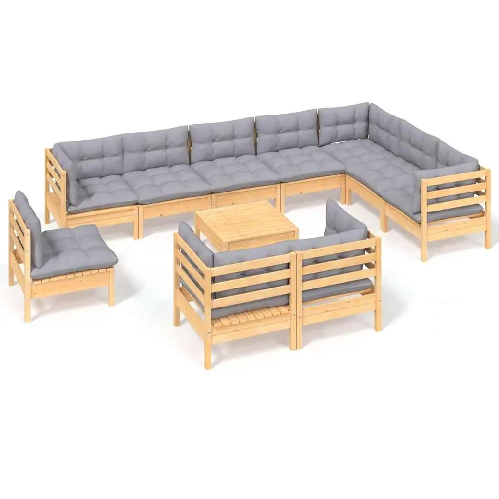 Garden Lounge Set 11 Piece Patio Furniture Outdoor Space Grey Cushions Solid Pinewood