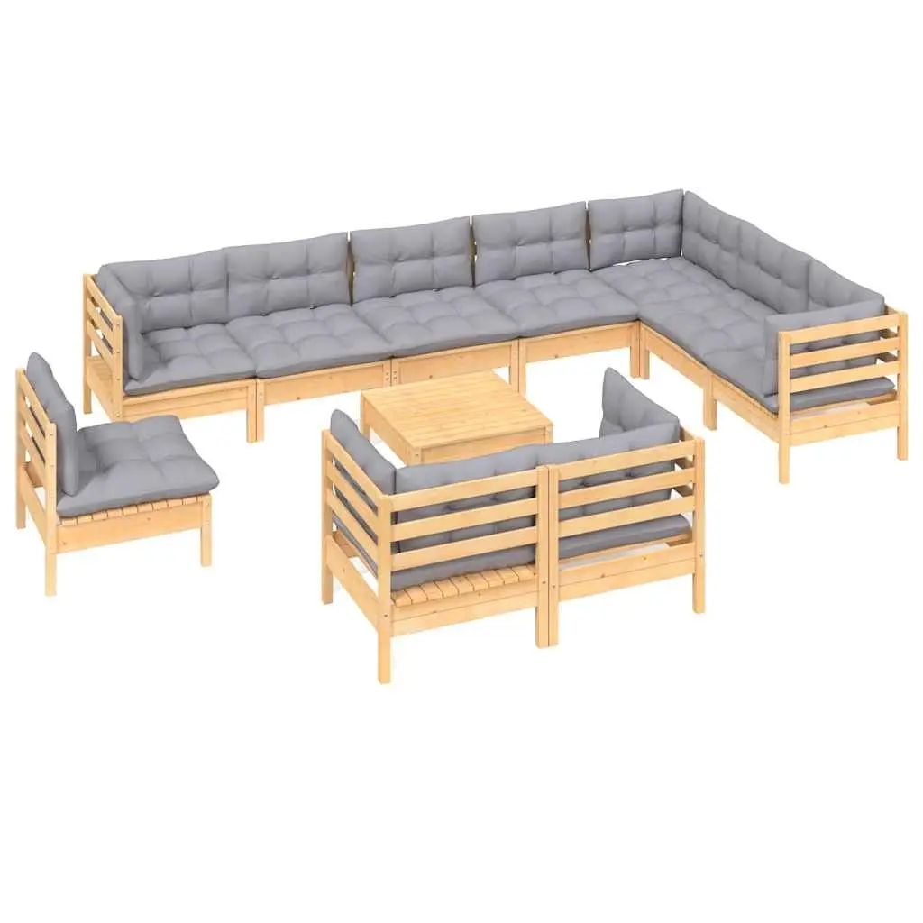 Garden Lounge Set 11 Piece Patio Furniture Outdoor Space Grey Cushions Solid Pinewood