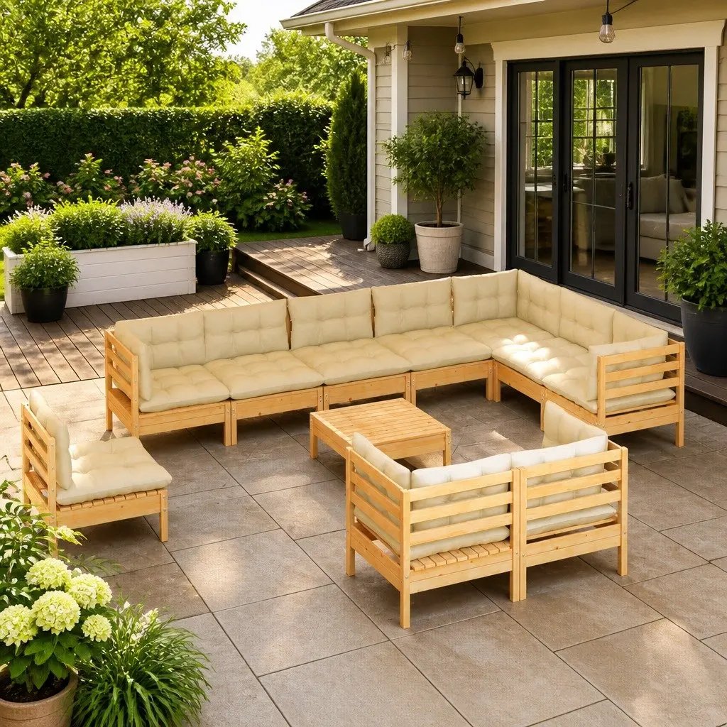 Garden Lounge Set Outdoor Patio Furniture 11 Piece Solid Pinewood Cream Cushions
