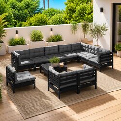 Garden Lounge Set 11 Piece Outdoor Patio Furniture Black with Cushions Modular