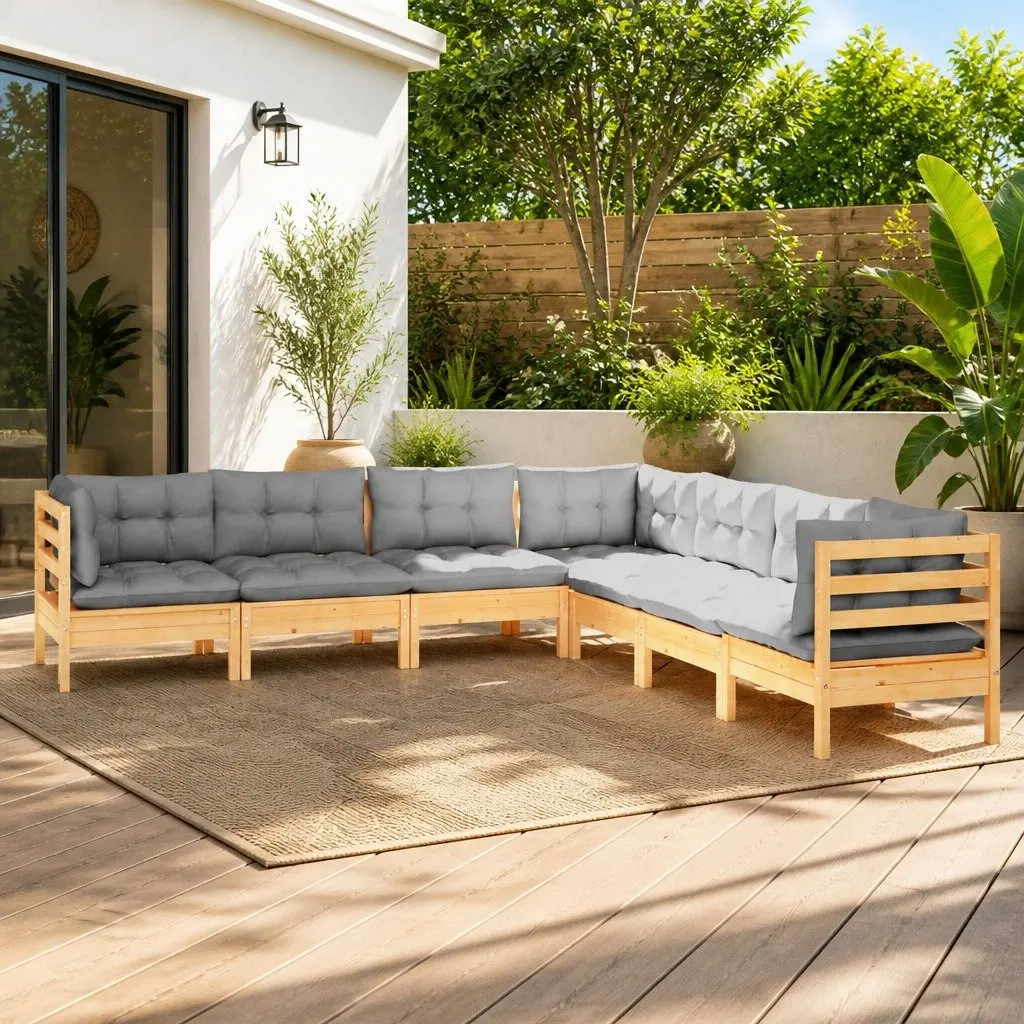 Garden Lounge Set Outdoor Patio Furniture 7 Piece Grey Cushions Pinewood