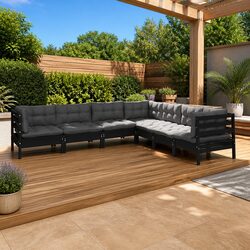 7 Piece Garden Lounge Set with Cushions Black Outdoor Patio Furniture Modular