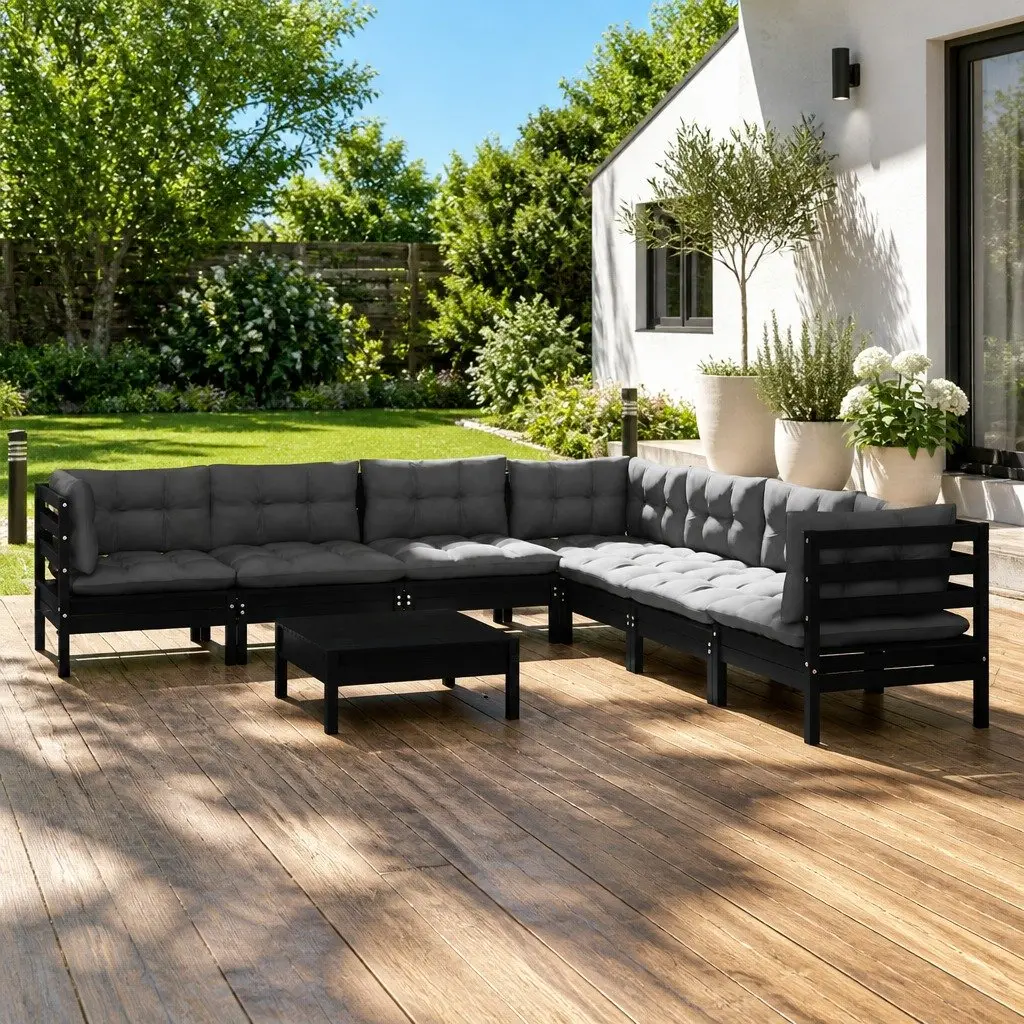 8 Piece Black Solid Pinewood Garden Set