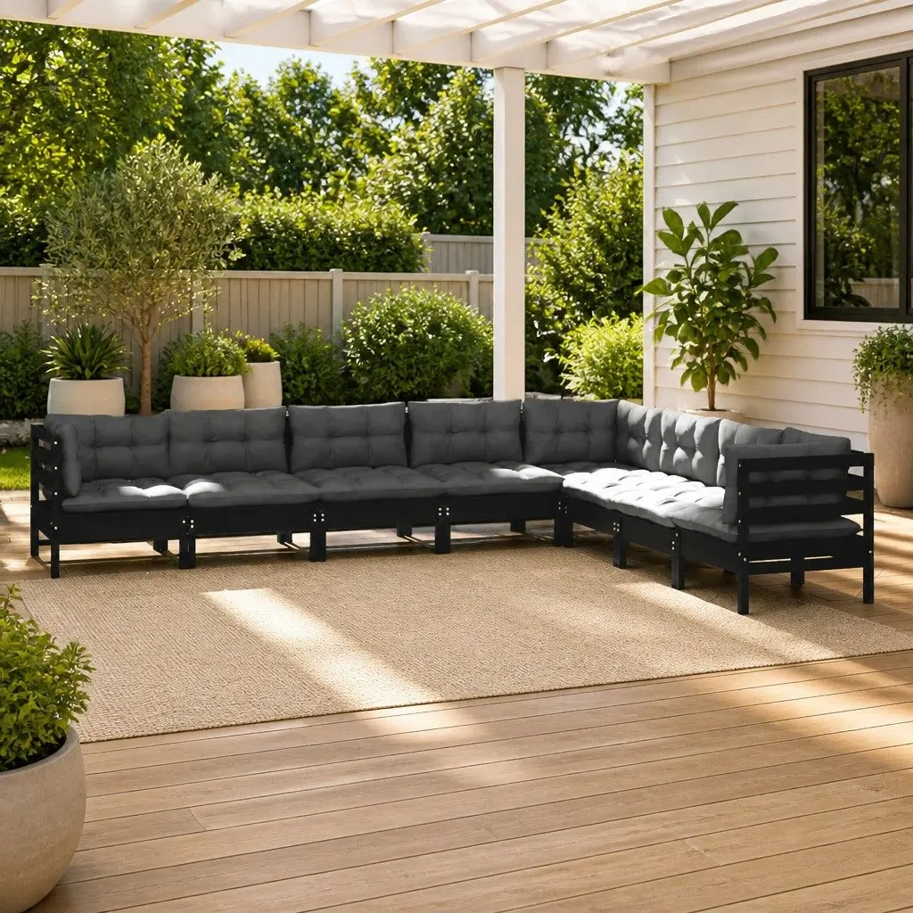 8 Piece Garden Lounge Set with Cushions Black Solid Pinewood Outdoor Patio