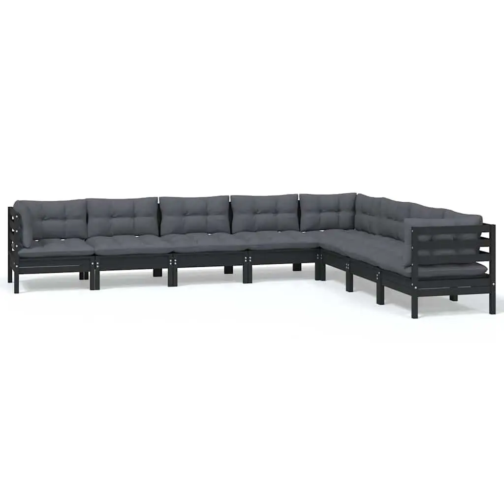 8 Piece Garden Lounge Set with Cushions Black Solid Pinewood Outdoor Patio