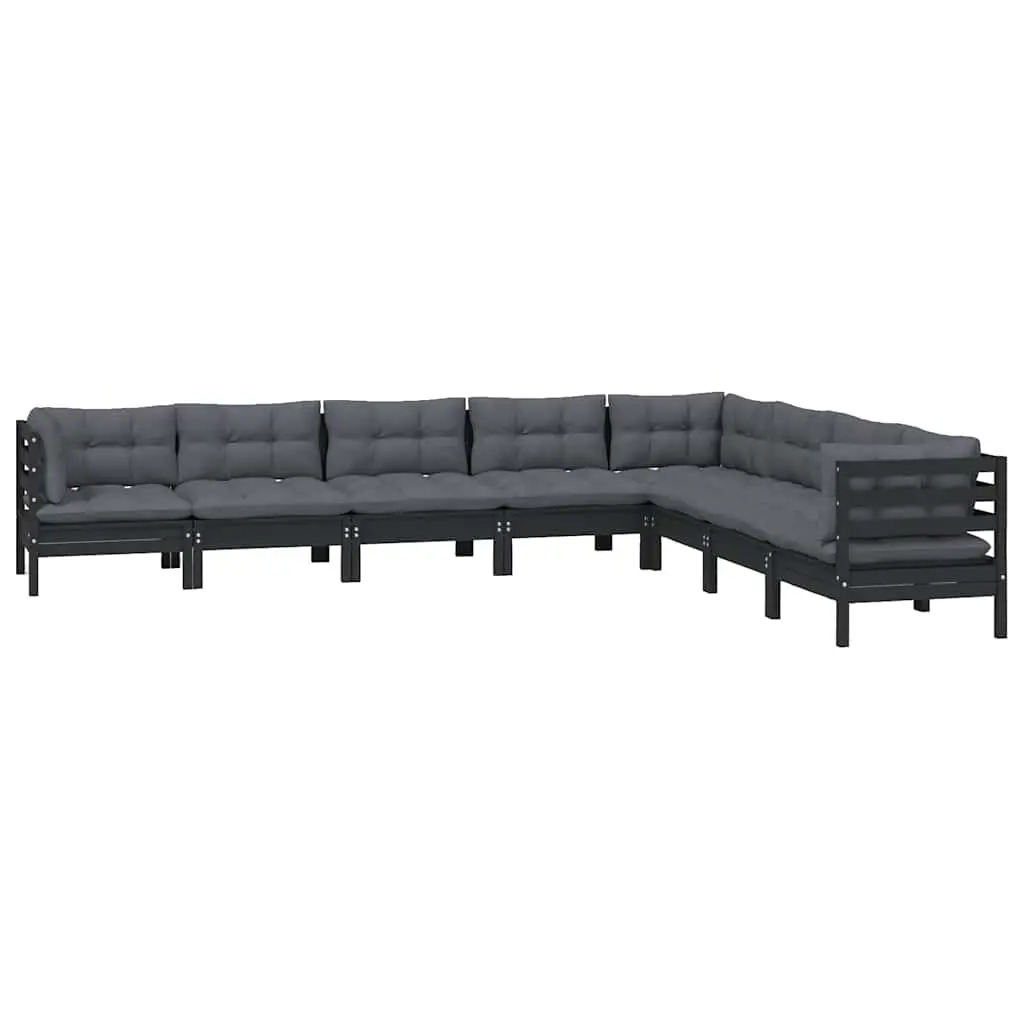 8 Piece Garden Lounge Set with Cushions Black Solid Pinewood Outdoor Patio