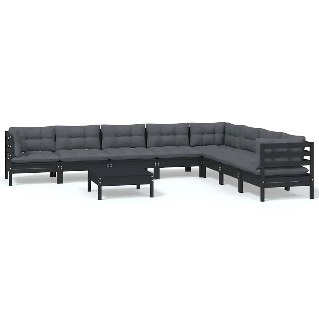 Garden Lounge Set 9 Piece Black Solid Pinewood Outdoor Furniture with Cushions