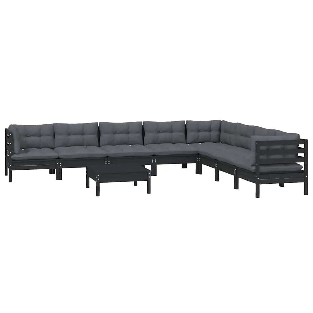 Garden Lounge Set 9 Piece Black Solid Pinewood Outdoor Furniture with Cushions