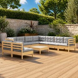 Garden Lounge Set: 10 Pieces, Solid Pinewood with Grey Cushions