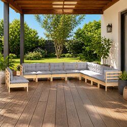 Garden Lounge Set 11 Piece Outdoor Patio Furniture Solid Pinewood Grey Cushions
