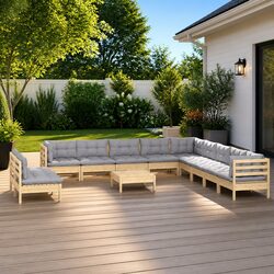 Garden Lounge Set 12 Piece Outdoor Patio Furniture Grey Cushions Pinewood