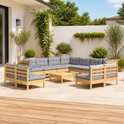 12-Piece Garden Lounge Set - Solid Pinewood with Cushions