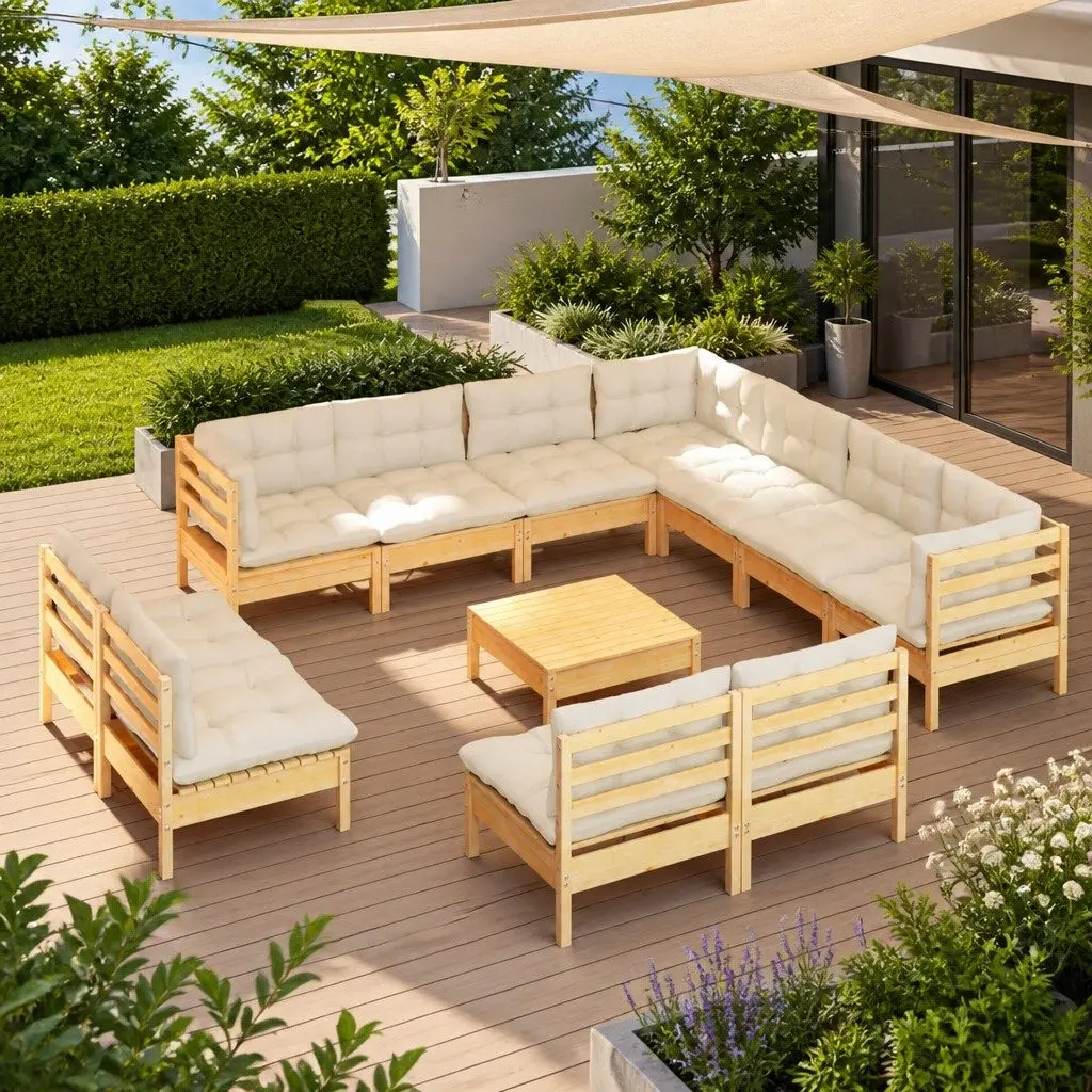 Garden Lounge Set Outdoor Patio Furniture 12 Piece Modular Solid Pinewood Cream