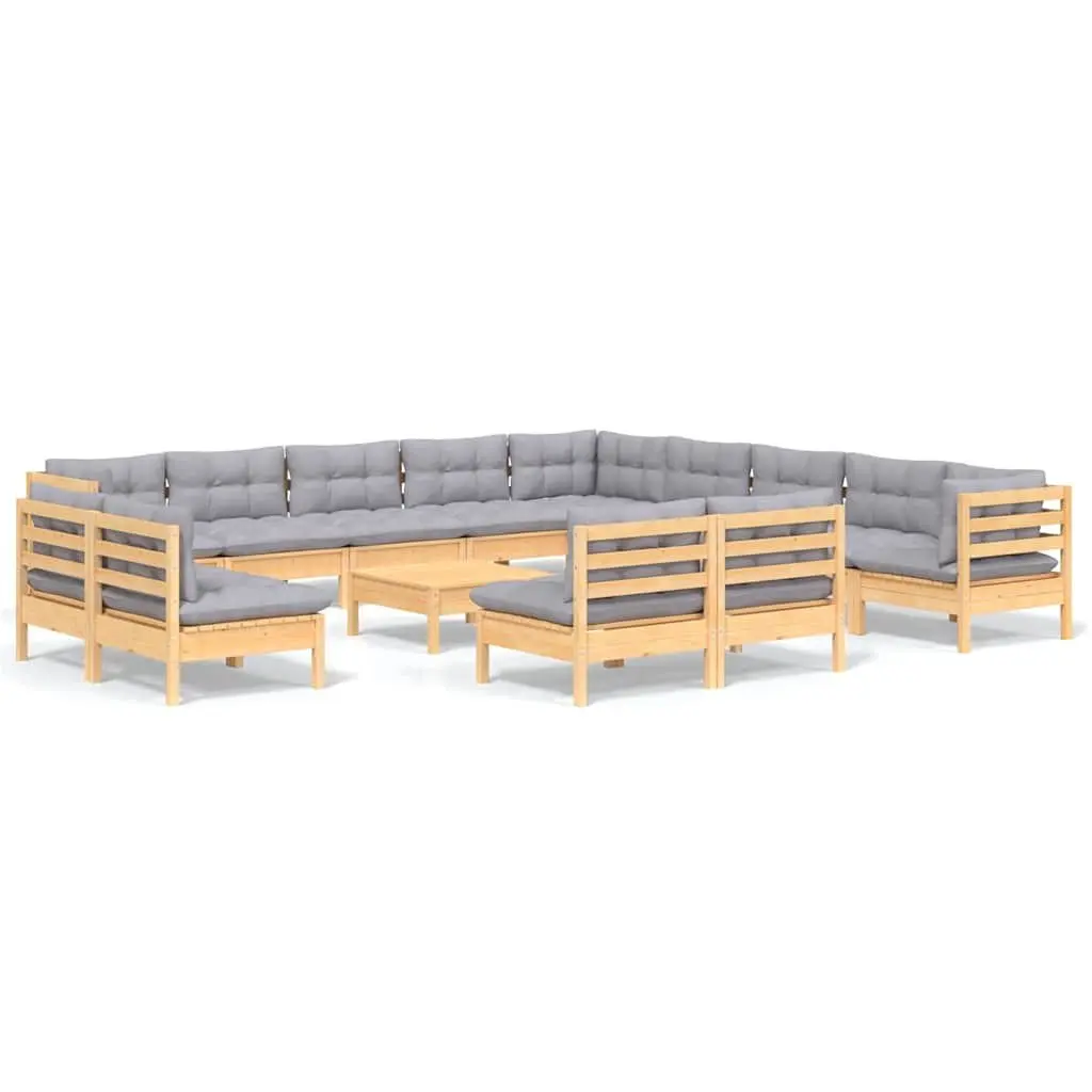 Garden Lounge Set 14 Piece Outdoor Relaxation Solid Pinewood with Grey Cushions