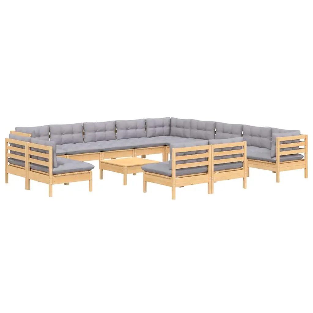 Garden Lounge Set 14 Piece Outdoor Relaxation Solid Pinewood with Grey Cushions