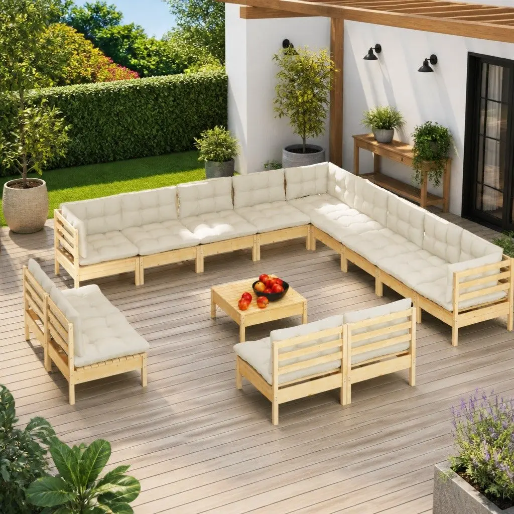 Modular Outdoor Lounge Set 14 Piece Solid Pinewood Patio Furniture with Cream Cushions