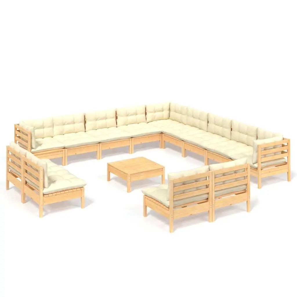 Modular Outdoor Lounge Set 14 Piece Solid Pinewood Patio Furniture with Cream Cushions
