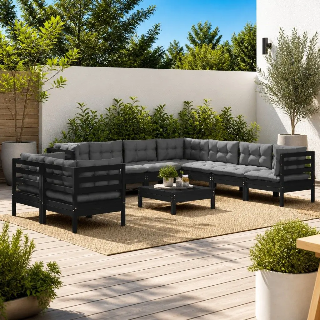 Garden Lounge Set Outdoor Patio Furniture 10 Piece Black with Cushions