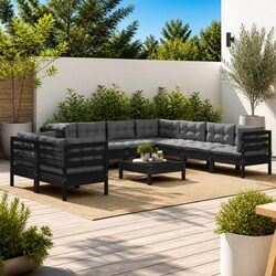 Garden Lounge Set 10 Piece Outdoor Patio Furniture Black with Cushions Modular