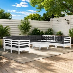 Garden Lounge Set 11 Piece White Solid Pinewood Outdoor Patio Furniture with