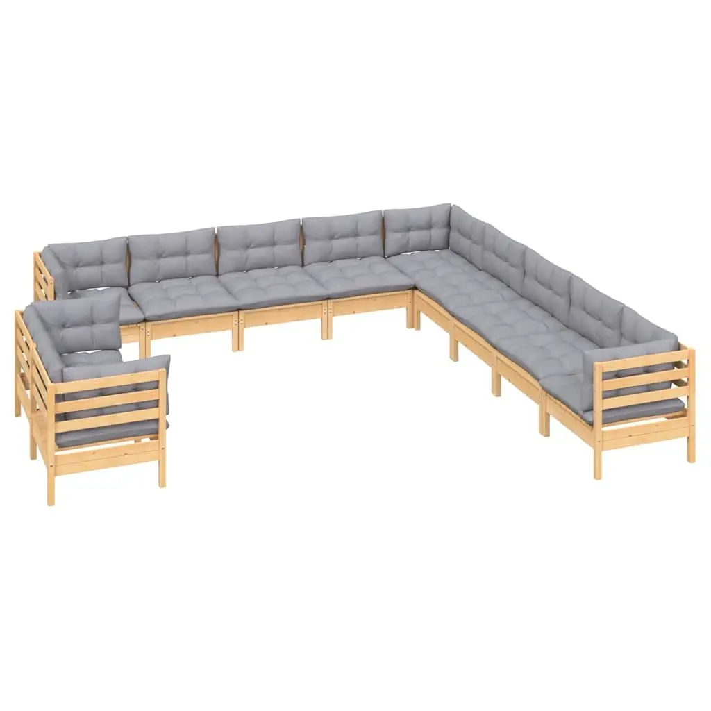 Garden Lounge Set Outdoor Furniture 11 Piece Modular Grey Cushions Solid Pinewood