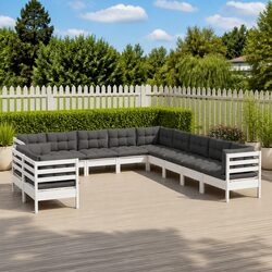 Garden Lounge Set 11 Piece White Solid Pinewood Patio Furniture with Cushions