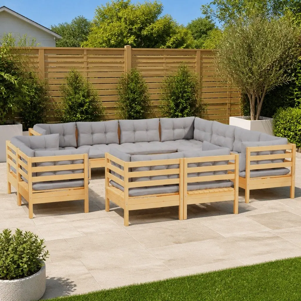 Modular Garden Lounge Set 11 Piece Outdoor Furniture for Relaxation with Grey Cushions
