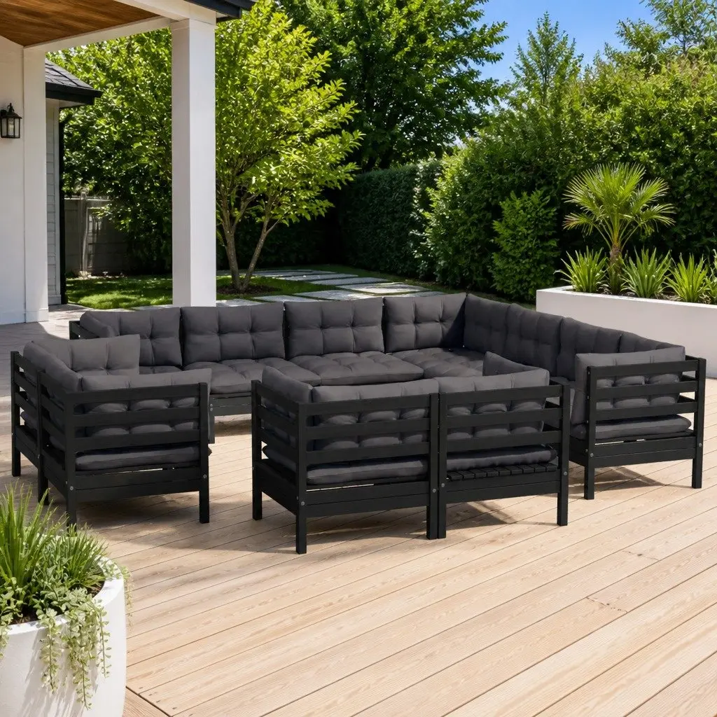 Garden Lounge Set Outdoor Furniture 11 Piece Black Pinewood with Cushions