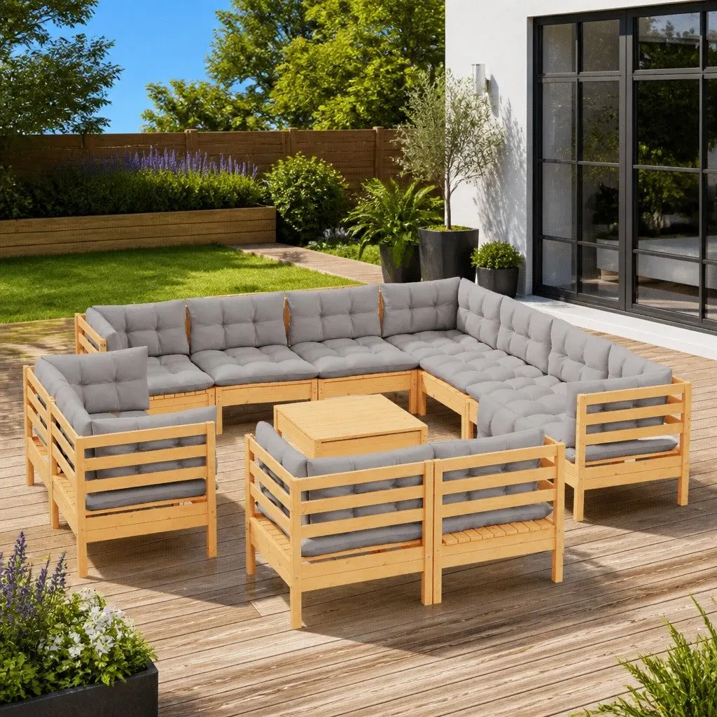 Garden Lounge Set Outdoor Furniture Patio 12 Piece Solid Pinewood Grey Cushions