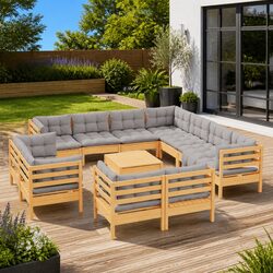 12 Piece Garden Lounge Set - Solid Pinewood & Grey Cushions