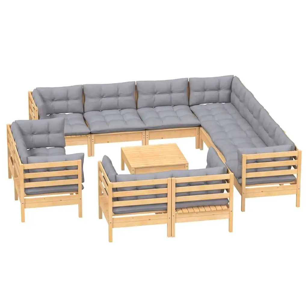 Garden Lounge Set Outdoor Furniture Patio 12 Piece Solid Pinewood Grey Cushions