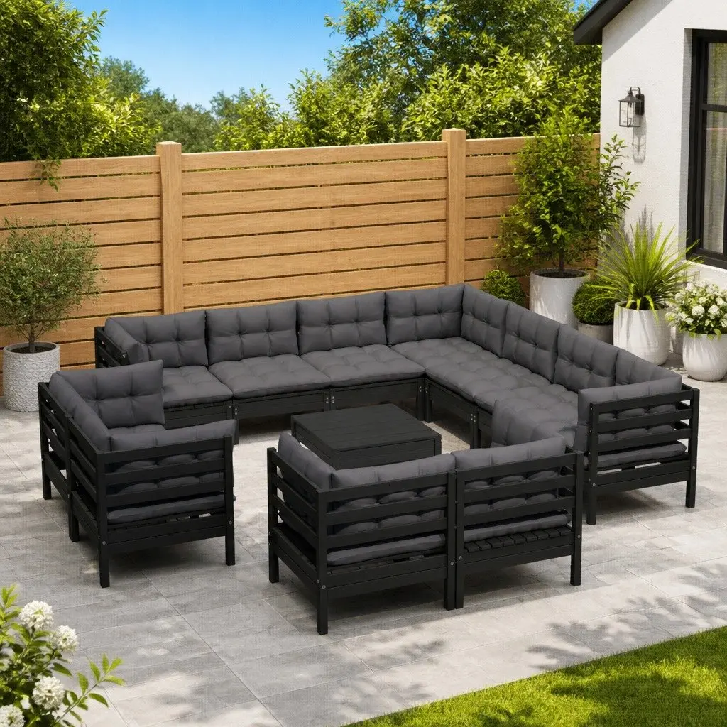 Garden Lounge Set Outdoor Furniture 12 Piece Black Pinewood with Cushions