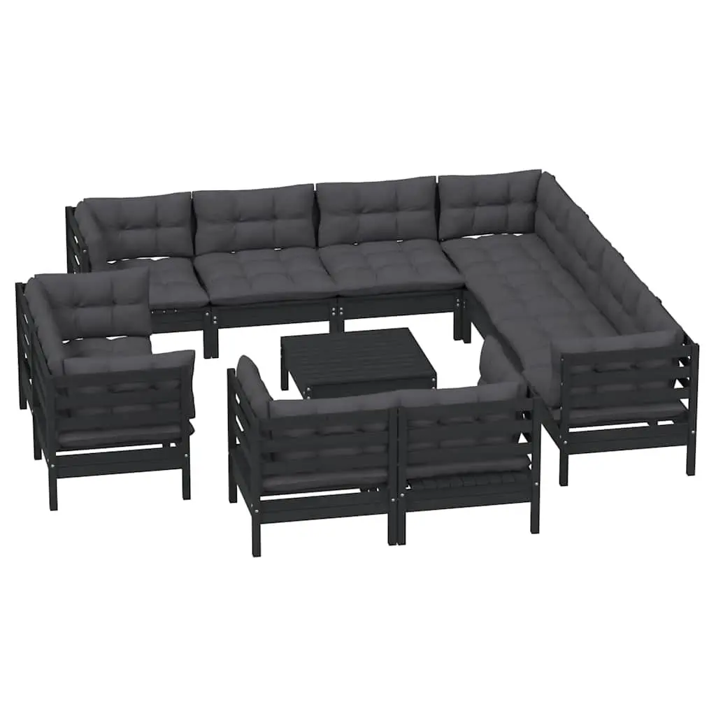 Garden Lounge Set Outdoor Furniture 12 Piece Black Pinewood with Cushions