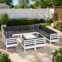 Garden Lounge Set 13 Piece Outdoor Furniture White Pinewood with Cushions