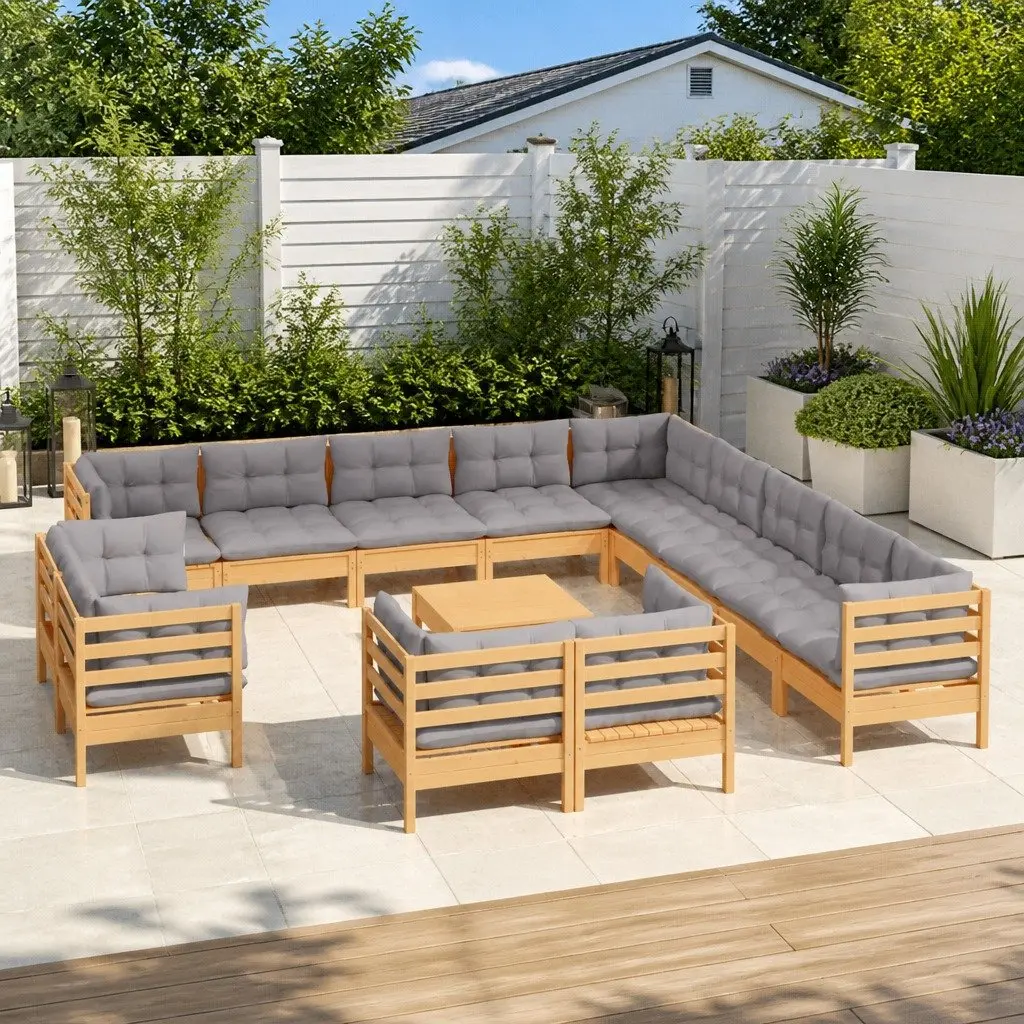 Garden Lounge Set Outdoor Patio Furniture 14 Piece Grey Cushions Pinewood