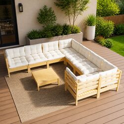 9 Piece Outdoor Patio Furniture Set - Pinewood and Cushions